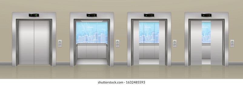 Modern open and closed metallic chrome office building passenger elevator with glass windows and city views. Realistic lift in an empty corridor.