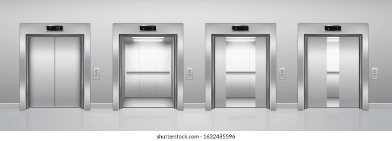 Modern open and closed metallic chrome office building passenger elevator. Realistic elevator in an empty corridor.