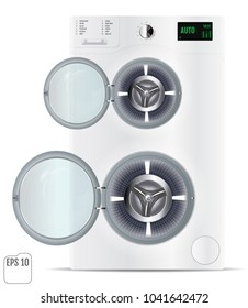 Modern open double silver washing machine isolated on white background