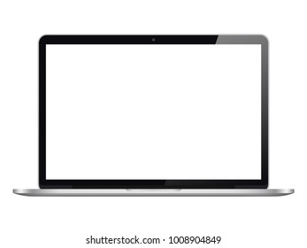 Modern open laptop with blank screen isolated on white background. Realistic laptop mockup. Computer screen front view. Vector illustration