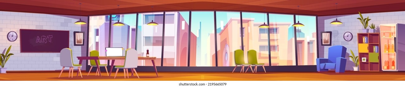 Modern open plan office, cartoon interior. Panoramic view of large workspace with glass wall, comfortable furniture for creativity. Urban cityscape with skyscrapers seen through window. Vector