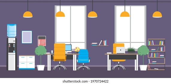 Modern open space. Empty office interior. Contemporary creative workplace. Co-working center. Dark cabinet. Flat