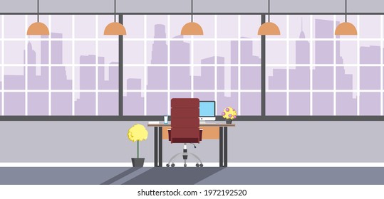 Modern open space. Empty office interior. Contemporary creative workplace. Co-working city center. Cabinet. Flat