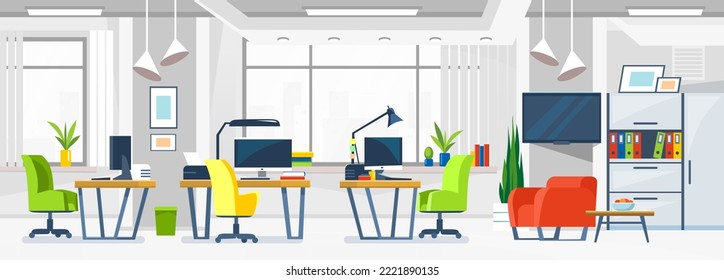 Diseño moderno de oficina en espacios abiertos en colores blancos. Interior luminoso y de diseño contemporáneo. Entorno de negocios con monitores en escritorio y sillones. Ilustración vectorial de estilo de dibujos animados.