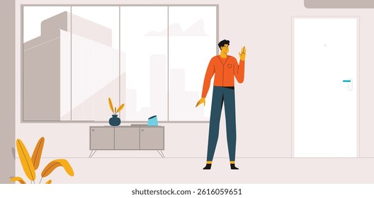 Modern open space office with large windows and characters greeting each other. The minimalist design highlights the openness, natural light, and friendly atmosphere of a collaborative workspace.