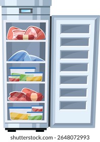 Moderno refrigerador abierto con comestibles