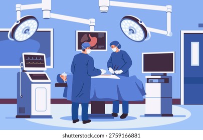 Modern operating room. Operating room with modern equipment and doctors or surgical team performing procedure on patient. Medicine and treatment. Hospital interior. Flat vector illustration