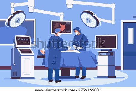 Modern operating room. Operating room with modern equipment and doctors or surgical team performing procedure on patient. Medicine and treatment. Hospital interior. Flat vector illustration