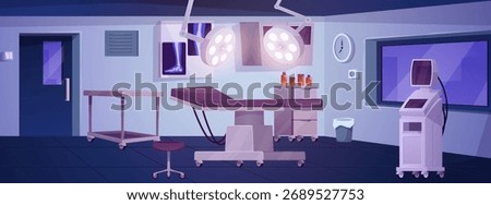 Modern operating room interior with a surgical table, lamps, and medical equipment. Empty clinic room at night. Treatment, care. Flat vector illustration. Cartoon style.