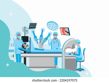 Sala de operaciones moderna. Cirugía Robótica. Equipo médico para operaciones quirúrgicas. Gracias médicos y enfermeras. Ilustración vectorial en un estilo plano.