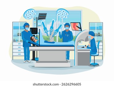 Modern operating room. Robotic Surgery. Medical equipment for surgical operations. Thank you doctors and nurses. Vector illustration in a flat style.