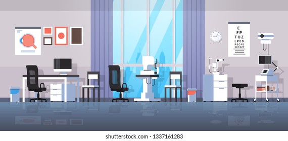 modern ophthalmologist office interior design empty no people oculist medical consultation cabinet with furniture and equipment flat horizontal