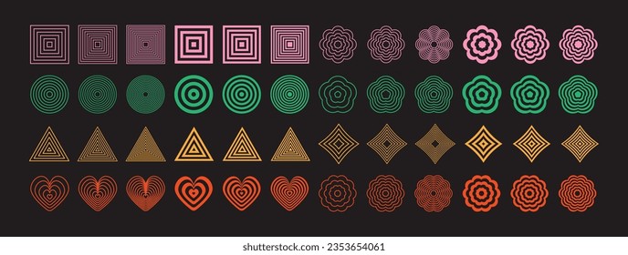 Modern optical art abstract shapes. Psychedelic vibrant geometry. Futuristic line art. Squares, circles, triangles, hearts, flowers, rhombus.