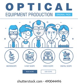 Modern optical development flat industry. Thin line laboratory medical concept. Professional network glass cable and laser industry elements. Macro vector objects and prism idea concept symbol.