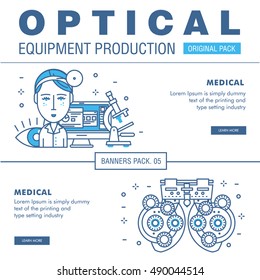 Modern optical development flat industry. Thin line laboratory medical concept. Professional network glass cable and laser industry elements. Macro vector objects and prism idea concept symbol.