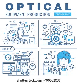 Modern optical development flat industry. Thin line glass scope concept. Professional network glass cable and laser industry elements. Macro vector objects and prism idea concept symbol.