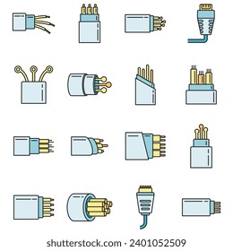 Modern optical fiber icons set. Outline set of modern optical fiber vector icons thin line color flat on white