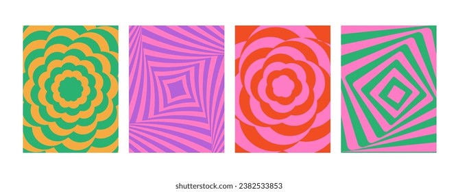 Modern optical illusion abstract backgrounds. Optical modern art. Psychedelic groovy hippie swirls. Y2k. Hypnotic surreal covers, posters, banners, cards. Vector illustration.