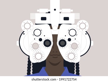Modern optometrist equipment, a young male character checking their eyesight health