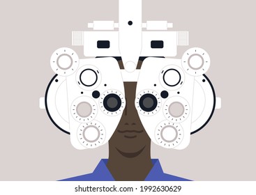 Modern optometrist equipment, a young male character checking their eyesight health