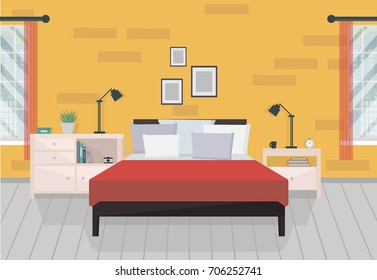 Modern orange bedroom interior with furniture and windows. Family bedroom. Vector illustration in flat style with shadows.