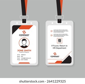 Modern Orange and Black ID Card Design Template for Corporate and Office Staff with QR Code and Clean Layout