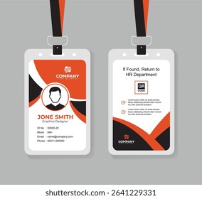 Modern Orange and Black ID Card Design Template for Corporate and Office Staff with QR Code and Clean Layout