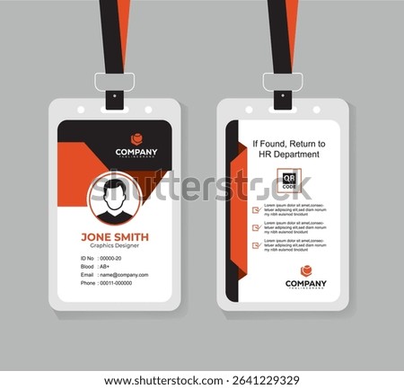 Modern Orange and Black ID Card Design Template for Corporate and Office Staff with QR Code and Clean Layout
