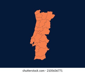 Modern Orange Blue Color High Detailed Border Map Of Portugal, Isolated on Dark Background Vector Illustration