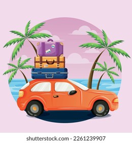 A modern orange car with three multi-colored suitcases on the roof against the backdrop of a summer sunset. Car on the background of the sea and palm trees with a pink background. Road trip postcard