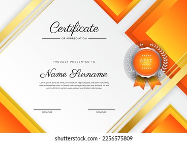 Modern orange certificate of achievement award template with badge and border for business and corporate