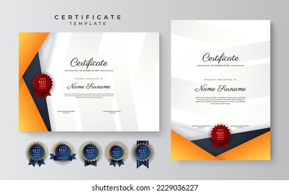 Modern orange certificate. Diploma certificate border template set with badges for award, business, and education