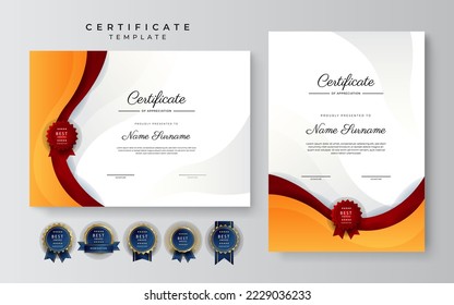 Modern orange certificate. Diploma certificate border template set with badges for award, business, and education