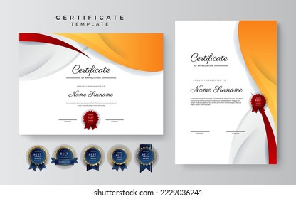 Modern orange certificate. Diploma certificate border template set with badges for award, business, and education