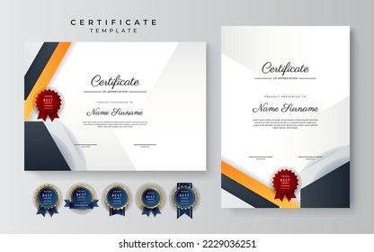 Modern orange certificate. Diploma certificate border template set with badges for award, business, and education
