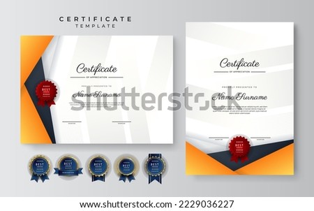 Modern orange certificate. Diploma certificate border template set with badges for award, business, and education
