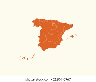 Modern Orange Color High Detailed Border Map Of Spain Isolated on White Background Vector