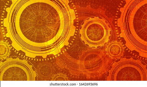 Modern Orange Digital Technology Gears wheel and Cock with Circuit Line Background.