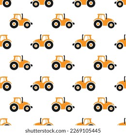 Modern orange farm tractor isolated on white background. Cute seamless pattern. Side view. Vector simple flat graphic illustration. Texture.