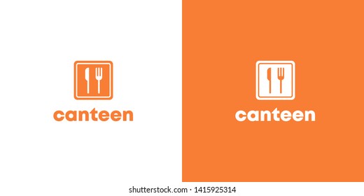 Modern orange flat canteen logo with spoon and fork silhouettes. Simple isolated vector meal cook icon as a logotype for cafe, cafeteria or restaurant with fast food