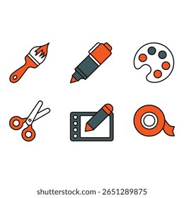Modern Orange and Gray Art Supply Icons Paintbrush Marker Palette Scissors Tablet Tape