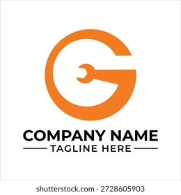 Logotipo naranja moderno inicial g combinado con una llave para las industrias mecánicas y de servicios