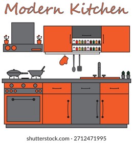 Modern Orange Kitchen Interior Illustration Stylish Cooking Space Design	