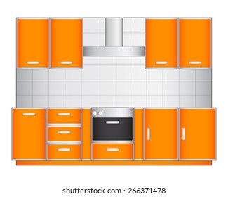 Modern orange kitchen interior, isolated on white background, vector illustration.