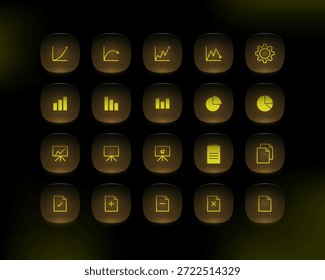 Moderno conjunto de iconos de Vector de estilo neón naranja para análisis, gráficos, informes y paneles de negocios. Botones redondeados brillantes sobre fondo oscuro, perfecto para UI, App, SaaS, fintech y presentaciones.
