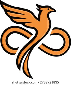 Moderne orangefarbene Phoenix Maskottchen Vektorgrafik mit einem kreativen Infinity-Symbol Schwanz für E-Sport-Logos und ewiges Branding