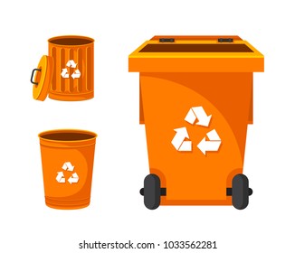 Modern Orange Recycle Metal Waste Garbage Bin Illustration Set, Suitable For Illustration, Book Graphics, Icons, Game Asset, And Other Recycle Related Activities.