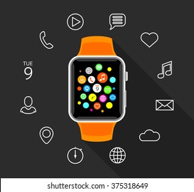 Modern orange smartwatch with white app icons on flat grey background. Smart watch technology vector illustration.