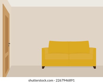Modernes orangefarbenes Sofa im leeren Raum mit geschlossener Tür