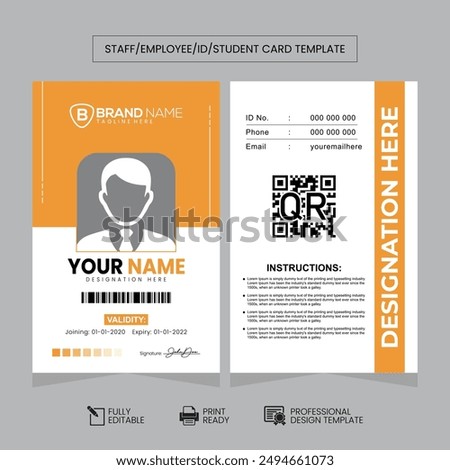 Modern Orange and White Staff, Employee, Student ID Card Badge Vector Template